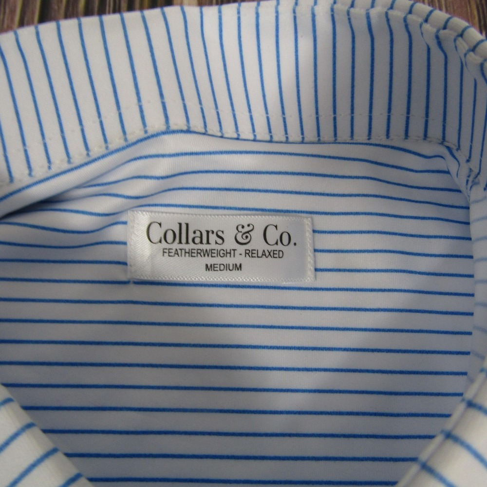 Collars & Co Polo Shirt Mens Medium Blue White Stripe Dress Collar Relaxed Golf - Picture 2 of 7